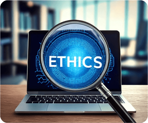 Ethical AI concept showing magnifying glass examining ethics in technology